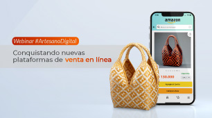 Imagen ilustrativa del séptimo webinar #ArtesanoDigital con un mock up de un celular y la fotografía de un canasto cuatro tetas disponible para venta en línea