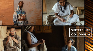 Collage de fotografías con imágenes de tres artesanas, una modelo y una diseñadora