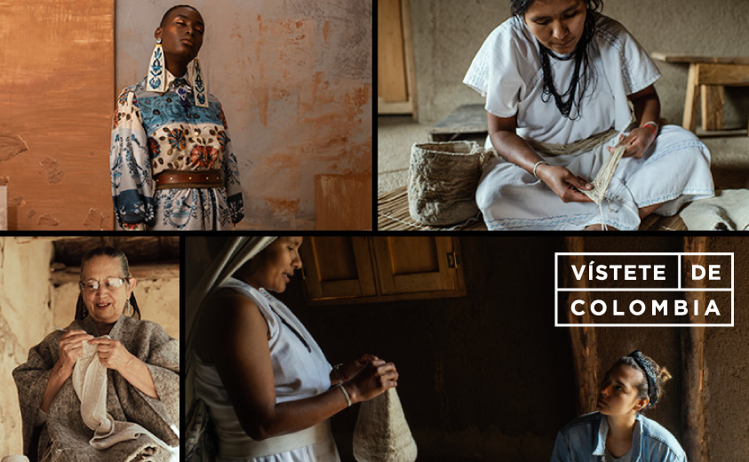 Vístete de Colombia Imagen ilustrativa de vístete de colombia con fotografías de tres artesanos, una diseñadora y una modelo