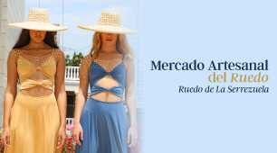 Foto de dos modelos luciendo sombreros y promocionando el Mercado Artesanal del Ruedo en Cartagena
