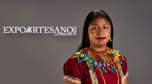 Foto de artesana Embera y logo de la feria Expoartesano