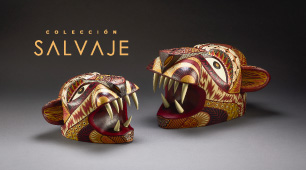 Máscaras de madera con la figura de tigres enchapadas en tamo y barniz de pasto