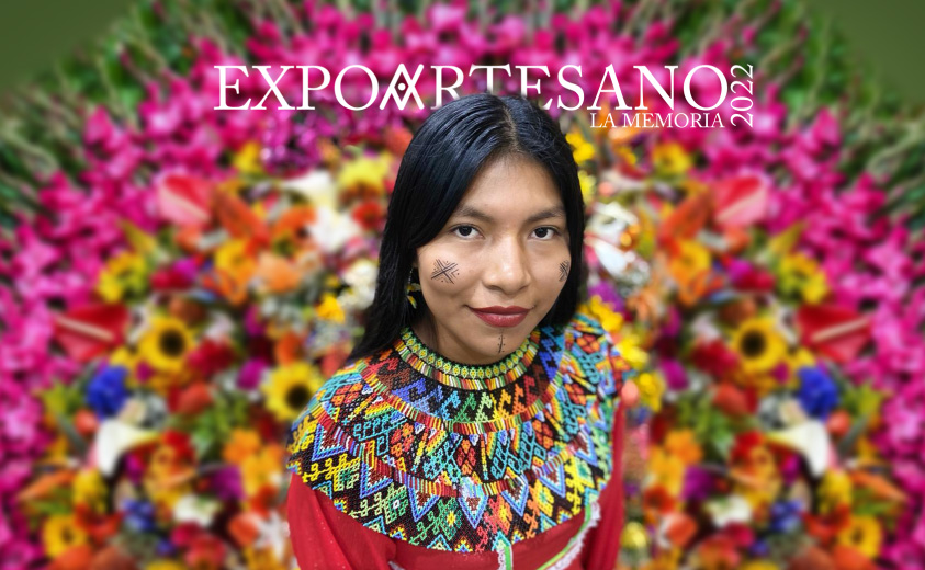 Foto de una artesana Emberá y marca de la feria Expoartesano La Memoria 2022