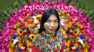 Foto de una artesana Emberá y marca de la feria Expoartesano La Memoria 2022