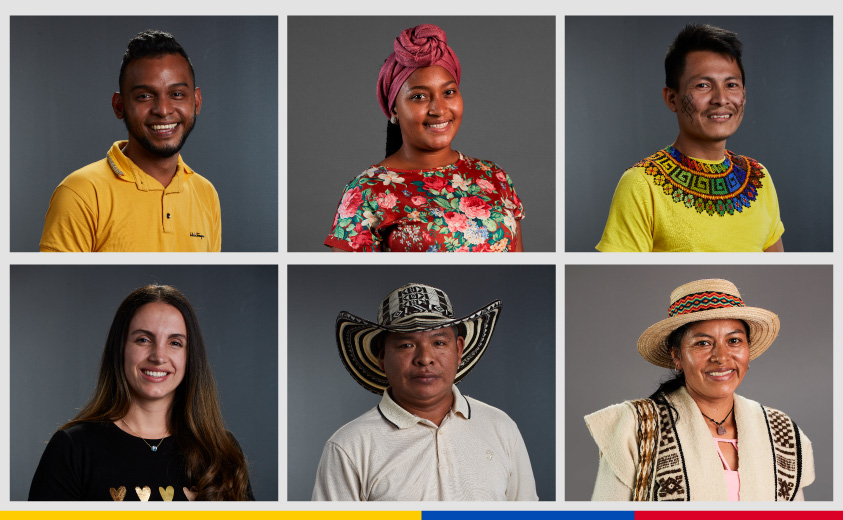 Mosaico con fotos de rostros de artesanas y artesanos colombianos